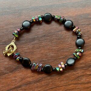 Black Glass and Rainbow Hematite Beaded Bracelet with Reclaimed Vintage Beads